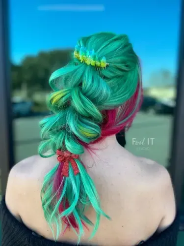 Green and pink holiday updo
